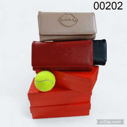 Imagen de BILLETERA "LAS OREIRO" CON SOLAPA Y CIERRE INTERNO NEGRO/HUESO/ROJO 10.25